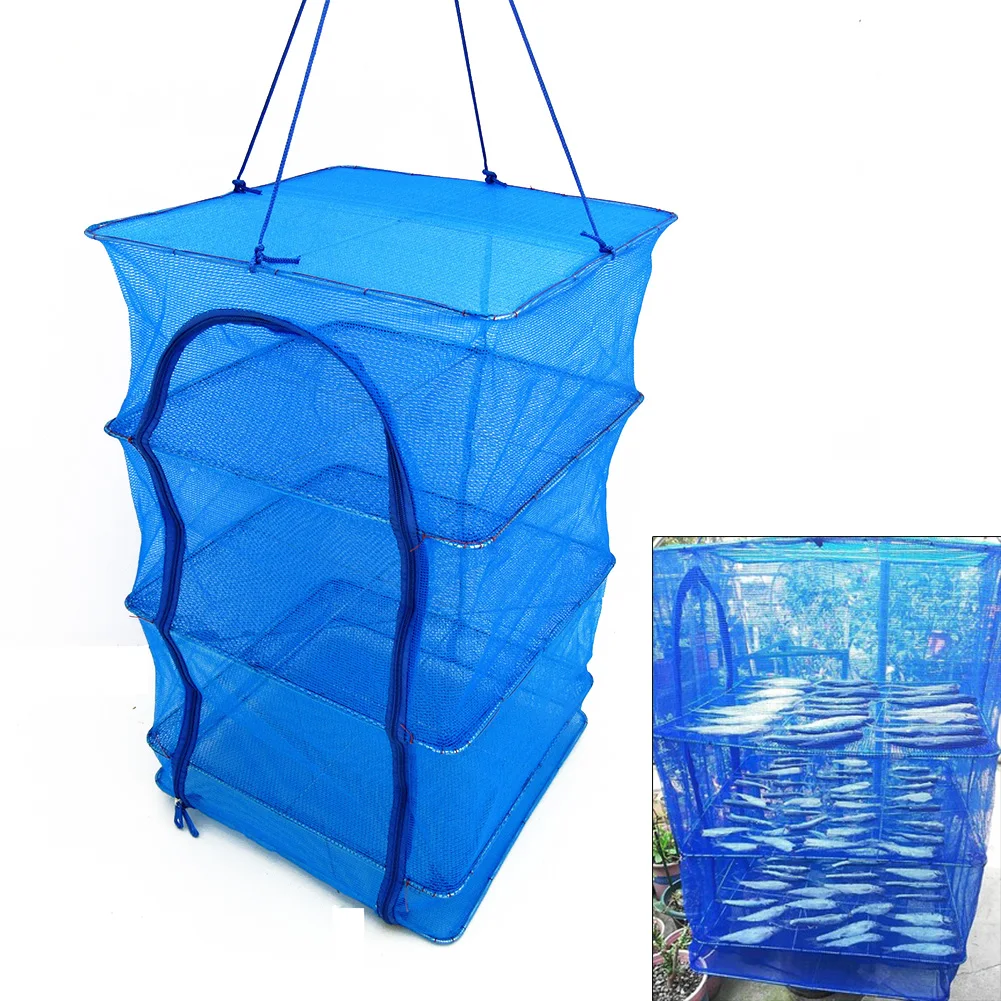 Foldable 4 Layers Hanging Drying Rack Fishings Net with Zippers Dryer