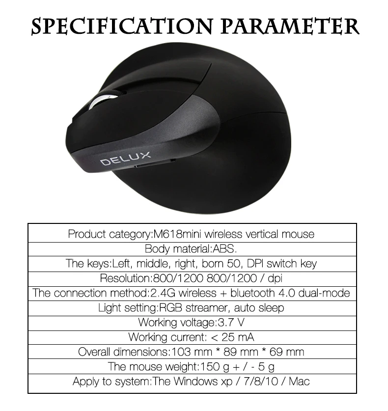 Delux M618 мини беспроводная Bluetooth 4,0 Двухрежимная перезаряжаемая эргономичная Вертикальная мышь 2400 dpi оптическая RGB игровая мышь