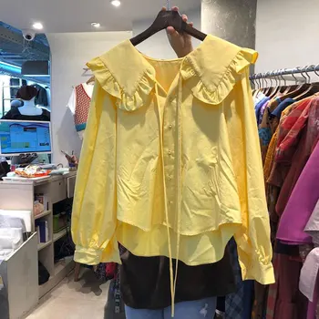 

SuperAen Korea 2020 Autumn New Style Lantern Sleeve Shirts Women French Sweet Solid Peter Pan Collar Women Blouses