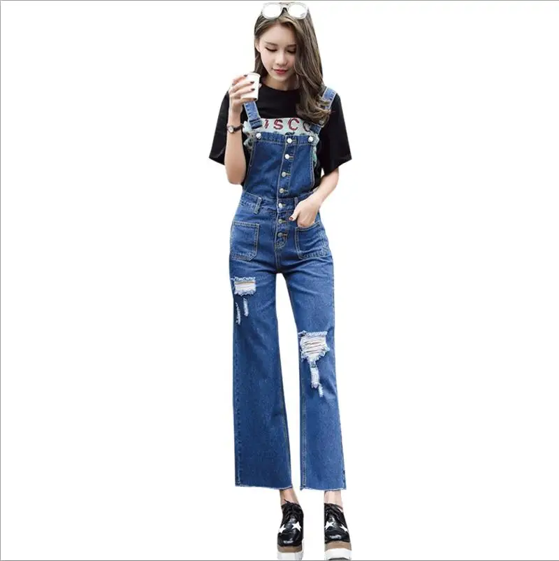 Dark Blue Новые модные джинсовые комбинезоны, женские повседневные уличные ковбойские джинсовые комбинезоны, женские синие длинные однотонные рваные комбинезоны - Цвет: Dark Blue