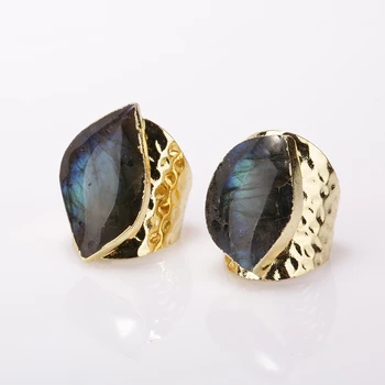

big natural dark grey labradorite crystal semi-precious stone rhinestone bead charm open gold hammered ring cuff for woman man