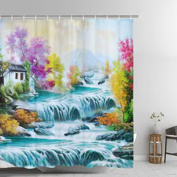 

Nature Scenery Shower Curtain Waterfall Mountain Stream Bathroom Shower Curtain Durable Waterproof with 12 Hooks