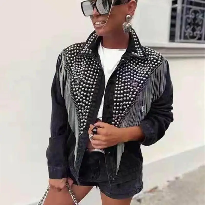 incredible  Autumn Streetwear Jeans Coat Solid Rivet Tassel Short Denim Jacket Women Loose Black Jacket Jacket