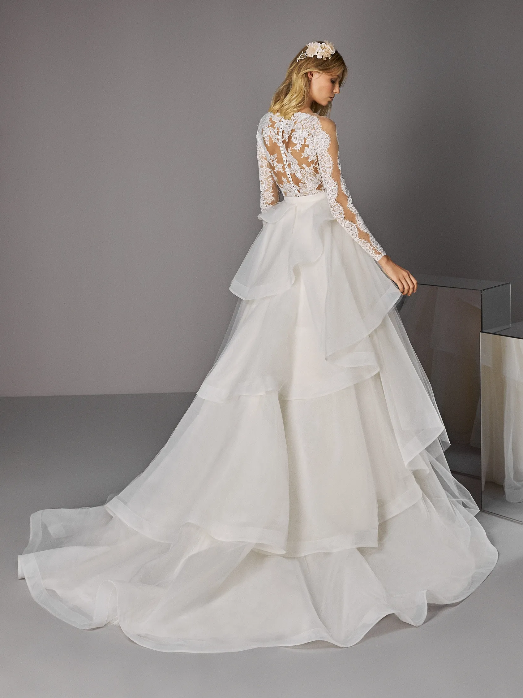 Vivian's Bridal новое многослойное гофрированное свадебное платье Модное Длинное платье с рукавами-иллюзиями и кружевной аппликацией на пуговицах и молнии