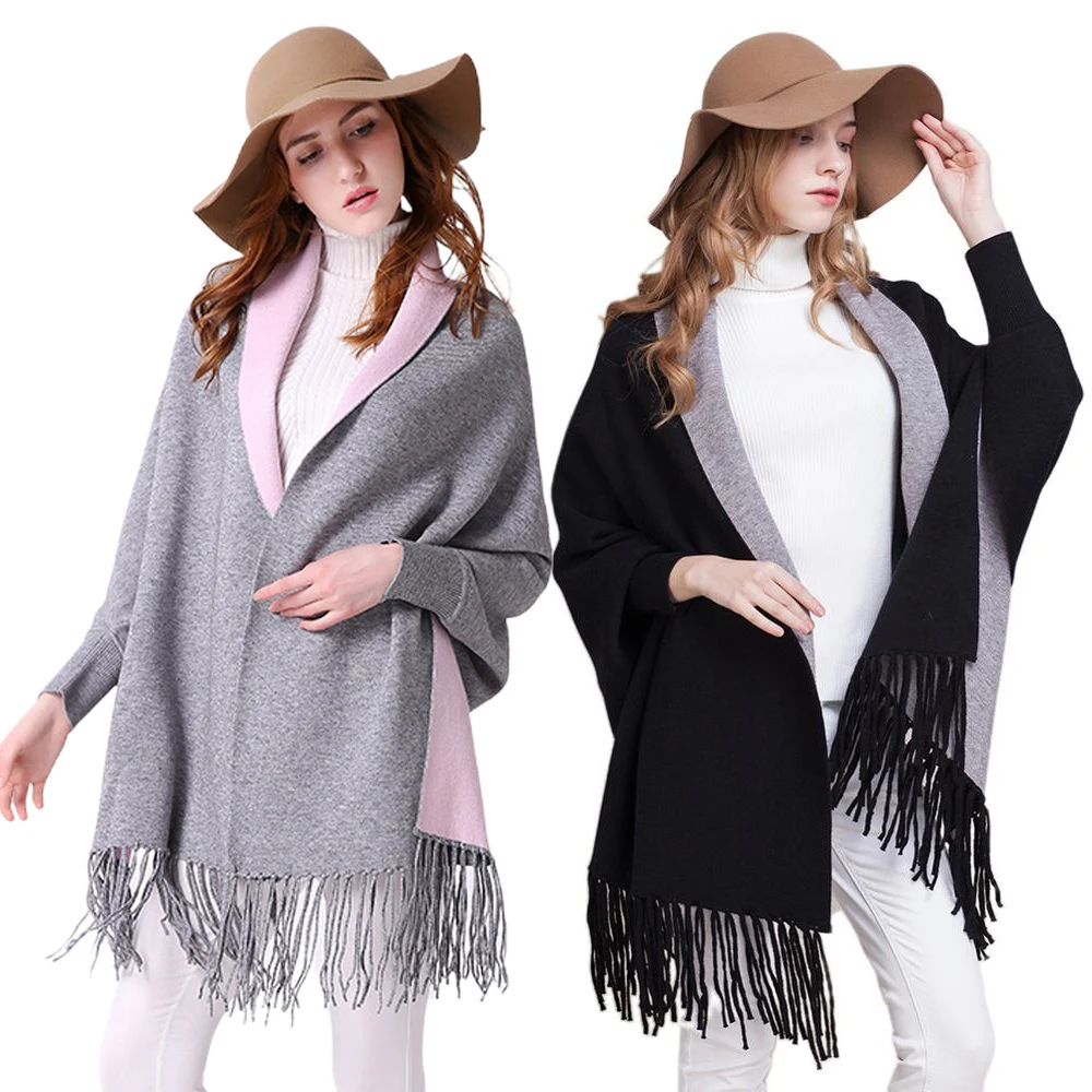 

Women Winter Capes Femme Hiver Loose Tassel Knitted Women Ponchos Sleeve Cardigan Long Ponchos and Capes Shawls Drop Shipping