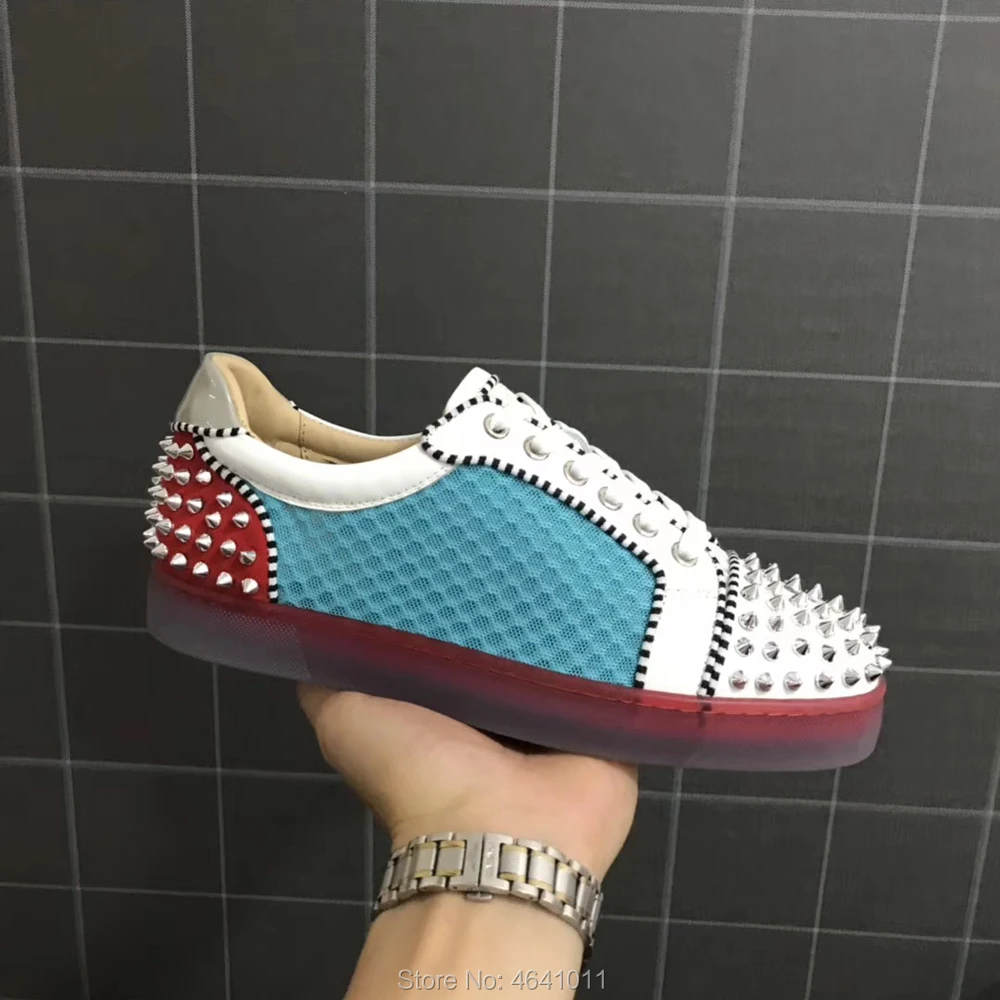 Кроссовки с низким вырезом для отдыха cl andgz, со шнуровкой, синяя сетчатая кожа, серебристые шипы, красная подошва для мужчин, обувь лоферы на плоской подошве