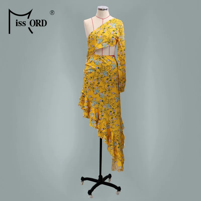 Missord Women Floral Print Dresses Sexy One Shoulder Irregular Ruffles Bodycon Maxi Party Dress MQ349