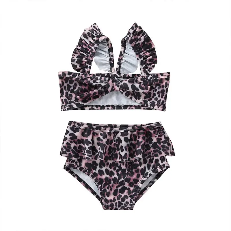 Купальный костюм для девочек из двух предметов; леопардовый купальник на бретельках с рюшами; пляжные шорты; Новинка; сезон лето