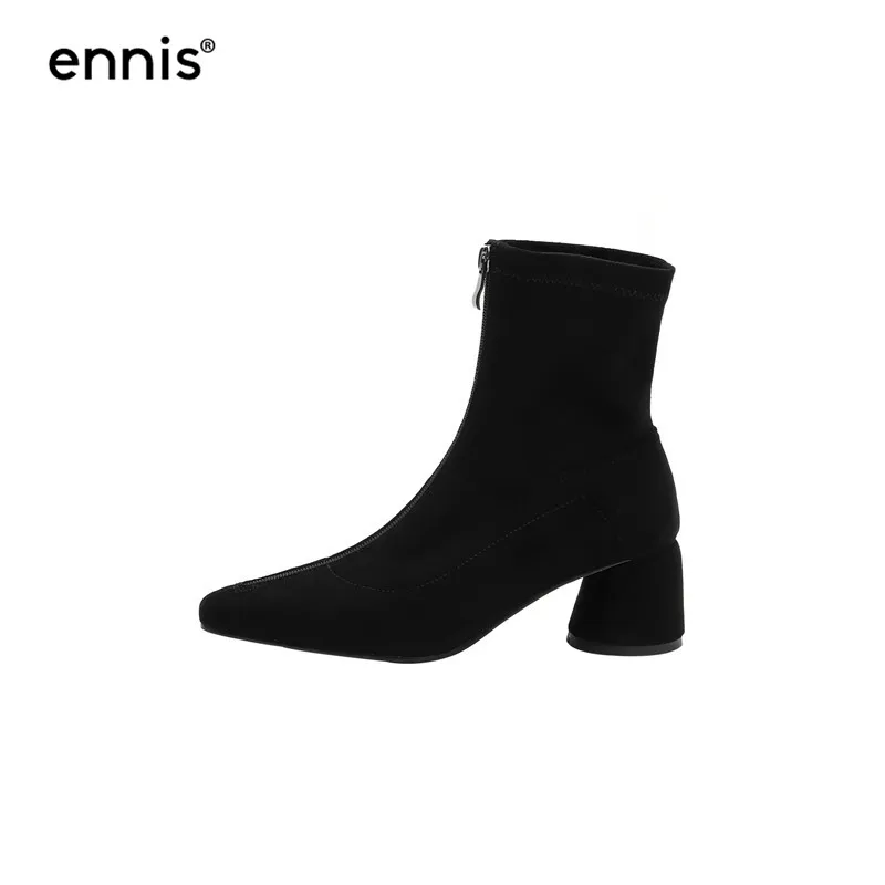 ENNIS/ г., дизайнерские эластичные сапоги на молнии, передний багажник женское из микрофибры ботильоны с острым носком на не сужающемся книзу массивном каблуке Осенняя обувь новинка, A9155 - Цвет: Suede Plush Inside