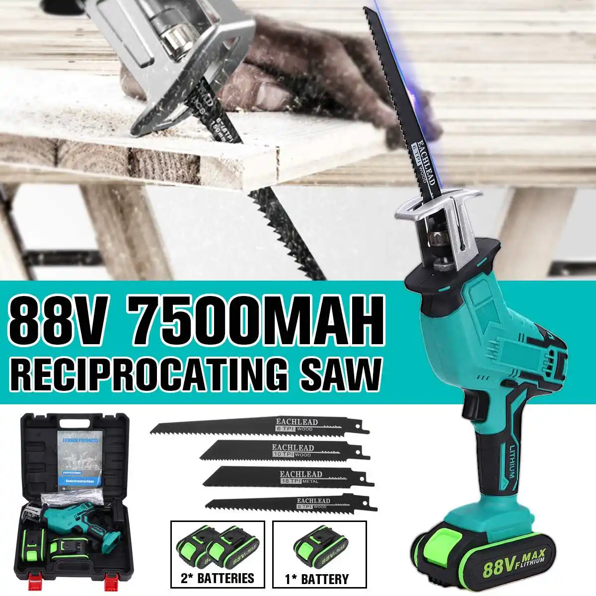 88V Cordless Lithium Battery Reciprocating Saw Wood/Metal Cutting Saw Saber Saw Portable