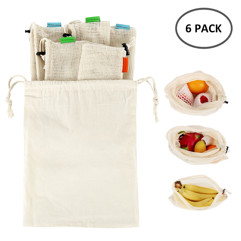 

6pcs/set Premium Cotton Mesh Produce Bags Reusable Washable Storage Drawstring Bag for Shopping, Grocery,Fruit Vegetable