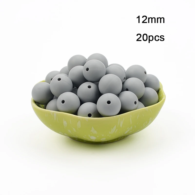 Light grey LOFCA 12 мм 20 шт./лот Силиконовые Круглые бусины пищевого класса BPA Бесплатно Силиконовые Прорезыватели для зубов Детская жевательная для прорезывания зубов бусины игрушки для DIY - Цвет: Light grey