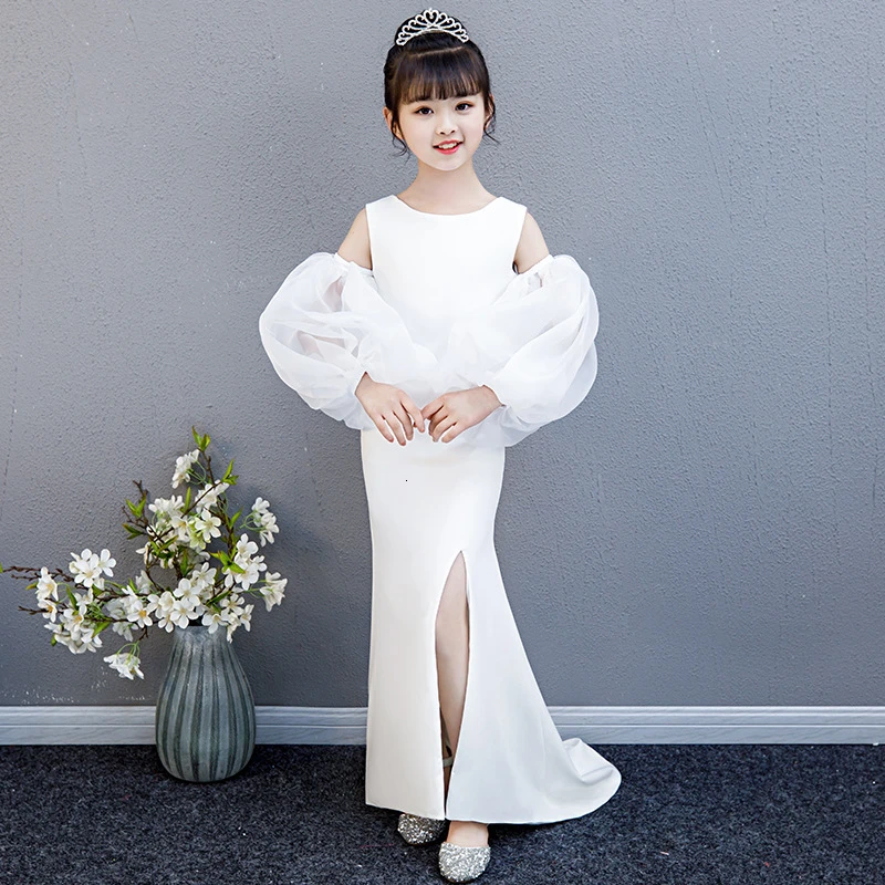 

White Tailing Chinese New Year Dress Flower Girl Bell Sleeve Children Evening Dresses Sexy Split Mermaid Oriental Wedding Gowns