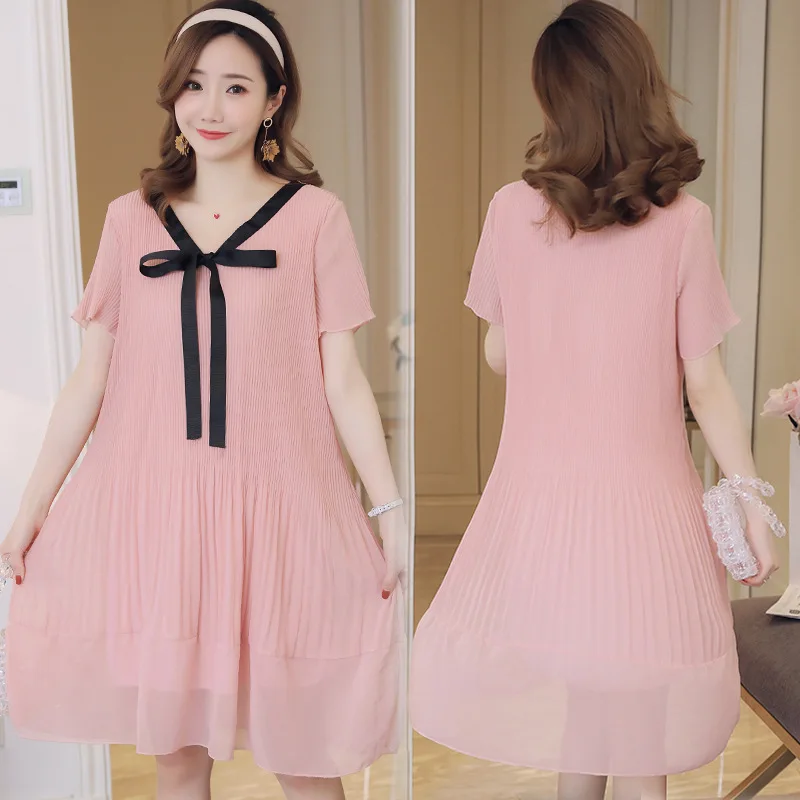 

2019 Fashion Maternity Clothes Summer New Style Pink Pleated Dress Korean-style Loose-Fit Mid-length Chiffon Maternity Dress