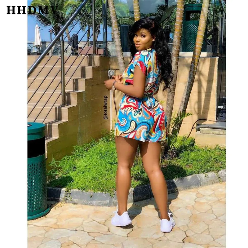 HHDMV OX8051 Fashion Women Summer Colorful Print Short Sleeve Playsuit Sexy Club Short Pant Rompers V-neck Jumpsuit