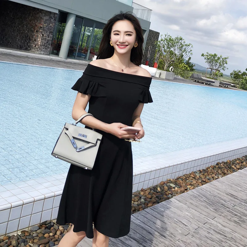 

WOMEN'S Dress 2019 Summer Wear Debutante Elegant Horizontal Neck Flounced Sleeves off-Shoulder Waist Hugging Formal Dress Women'