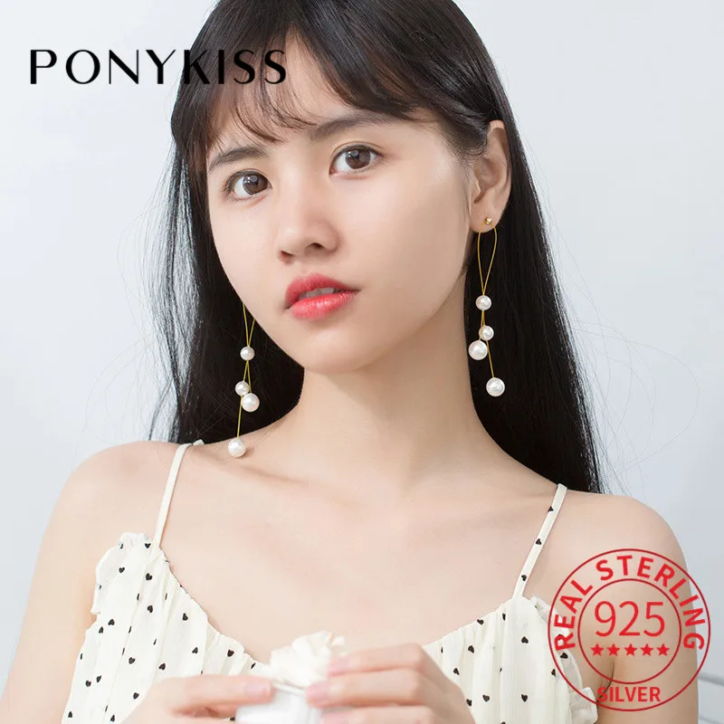 

PONYKISS 100% 925 Sterling Silver Golden Tassel Pearl Drop Dangle Earrings Women Wedding Party Delicate Elegant Accessory Gift