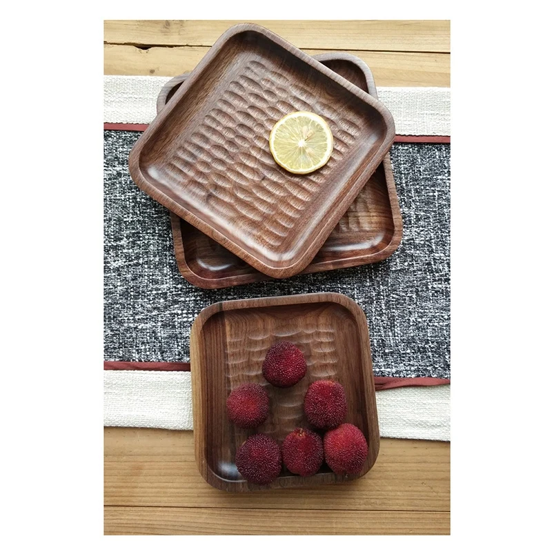 3Pcs Japanese Black Walnut Wood Tray Dinner Plate Disc Coffee Tea Tray Fruit Bread Food Dessert Tea Breakfast Plate Square Table