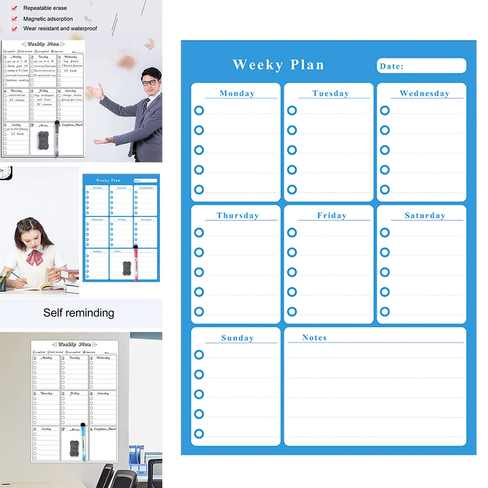 For Fridge Reusable Removable Erasable 1 Eraser 3 Pen Magnetic Whiteboard Monthly Weekly Planner Home Writing Sticker Calendar