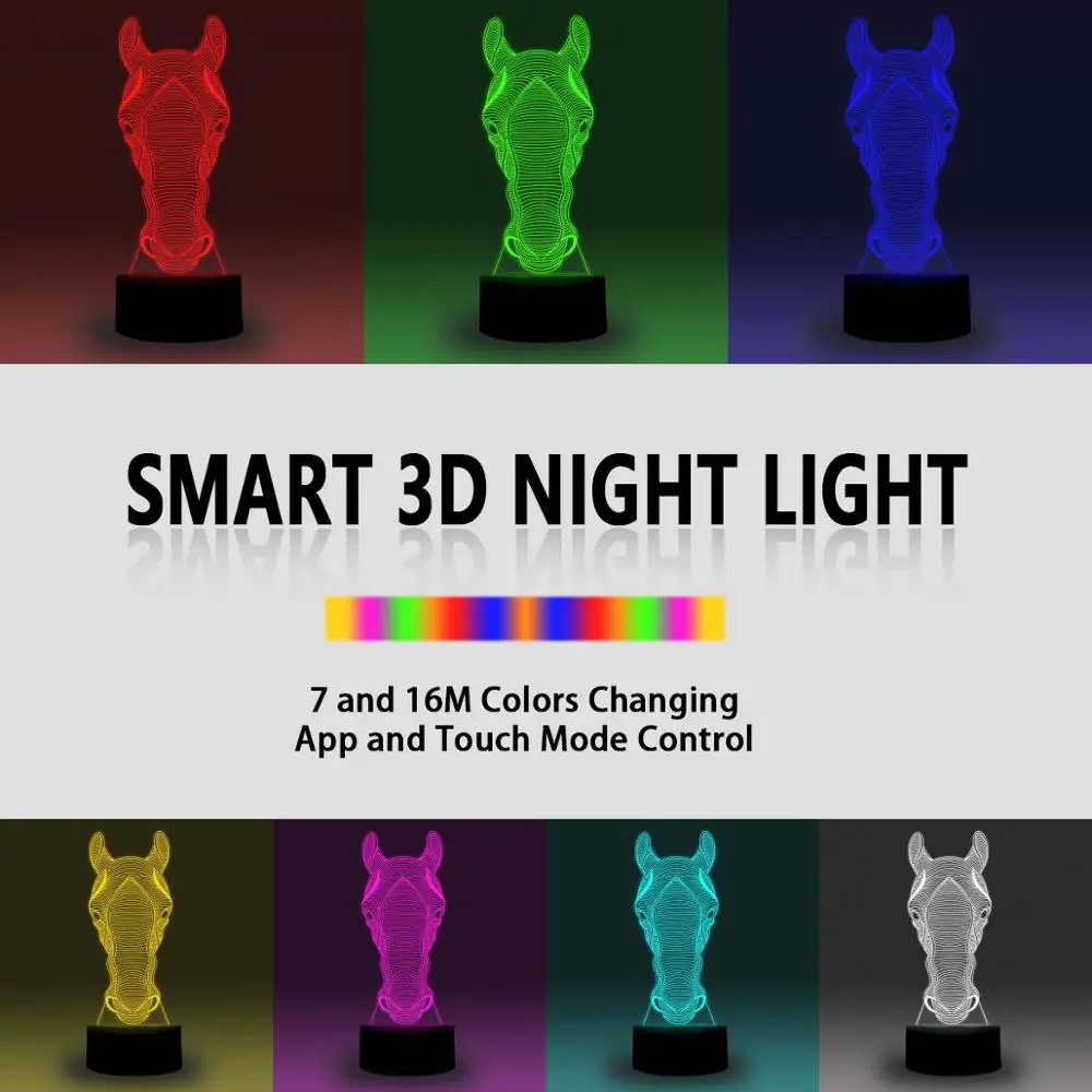NiteApps 3D голова лошади ночник настольная лампа Иллюзия украшение лампа подарок на день рождения приложение/сенсорное управление