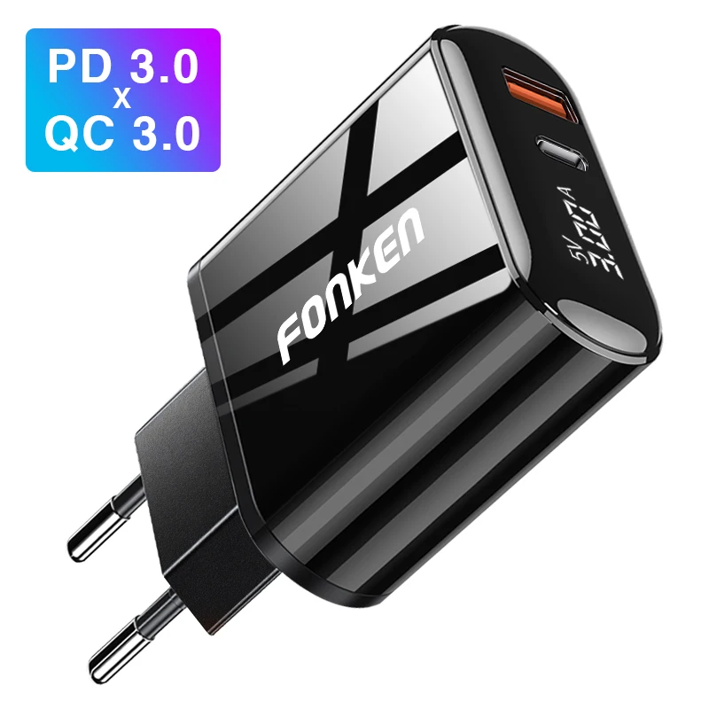 Зарядное устройство FONKEN Quick Charge 3,0 PD, 2 порта, быстрая зарядка для телефона, зарядное устройство usb type C, настенный адаптер, светодиодный дисплей, зарядное устройство s - Тип штекера: PD QC3.0