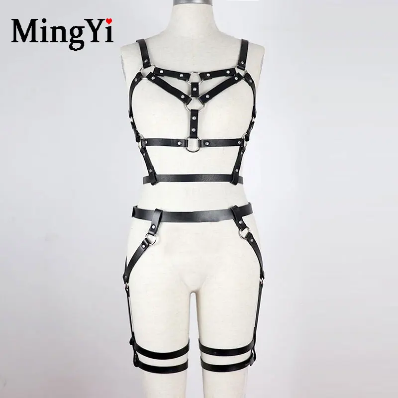 MY22- 2-piece set БДСМ кожа полный тело жгут открытый бюстгальтер ноги Подвязки Пояс набор для женщин Готический сексуальный клетка грудь связывание ремни Пояс эротическое белье - Цвет: MY22- 2-piece set