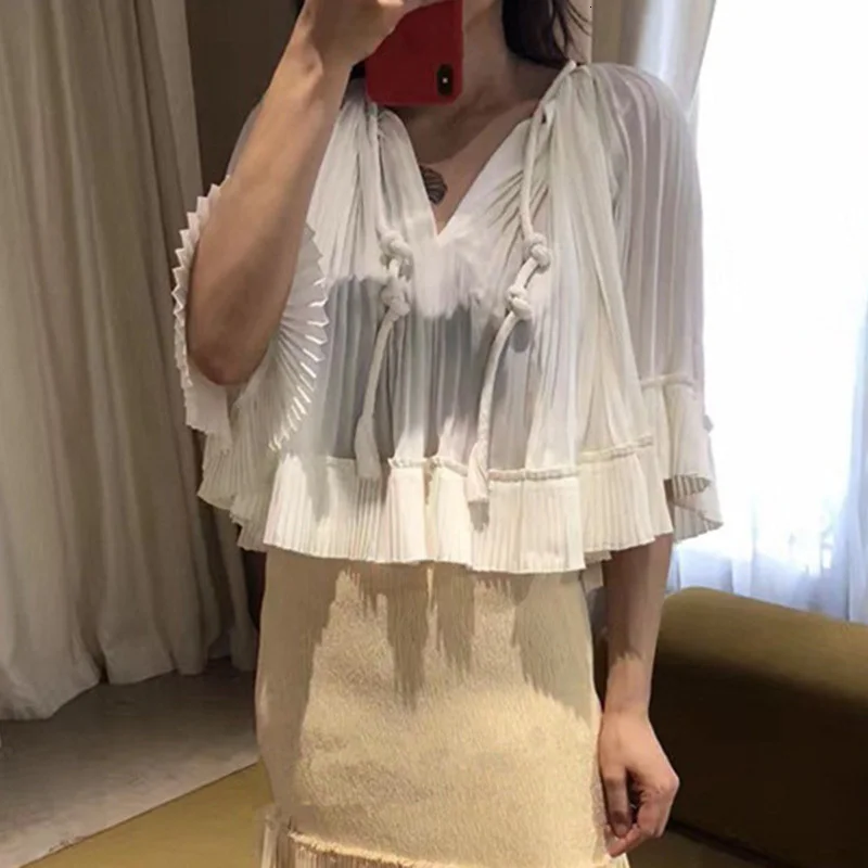TWOTWINSTYLE белый шифон Ruched элегантная женская блузка плащ V образным вырезом шнурок негабаритных женские рубашки летняя мода