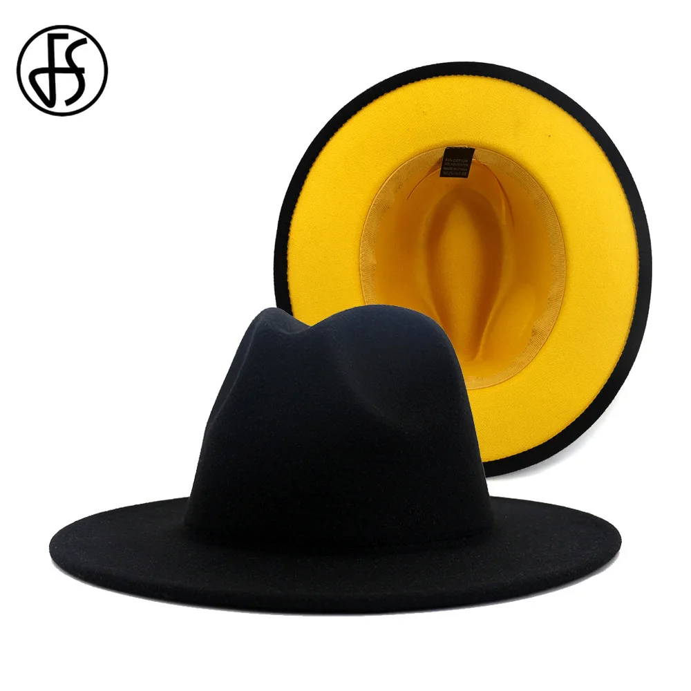 

FS 60CM Hat Black Yellow Patchwork Fedora Hats For Women Wide Brim Jazz Wool Felt Panama Trilby Caps Men Vintage Gambler Cap