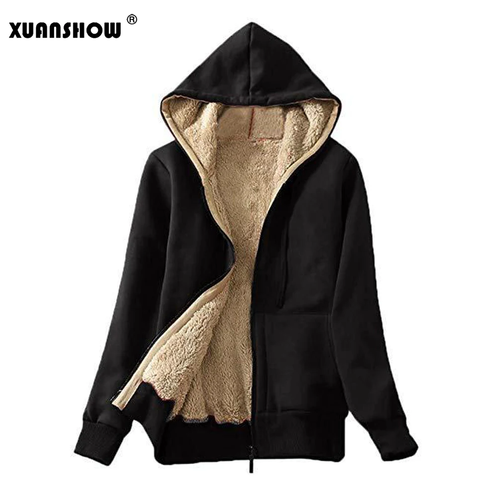 

XUANSHOW Jackets For Women 2019 Winter Autumn Flocking Plush Zipper Hooded Ladies Coat Soild Harajuku Keep Warm Female Cothing