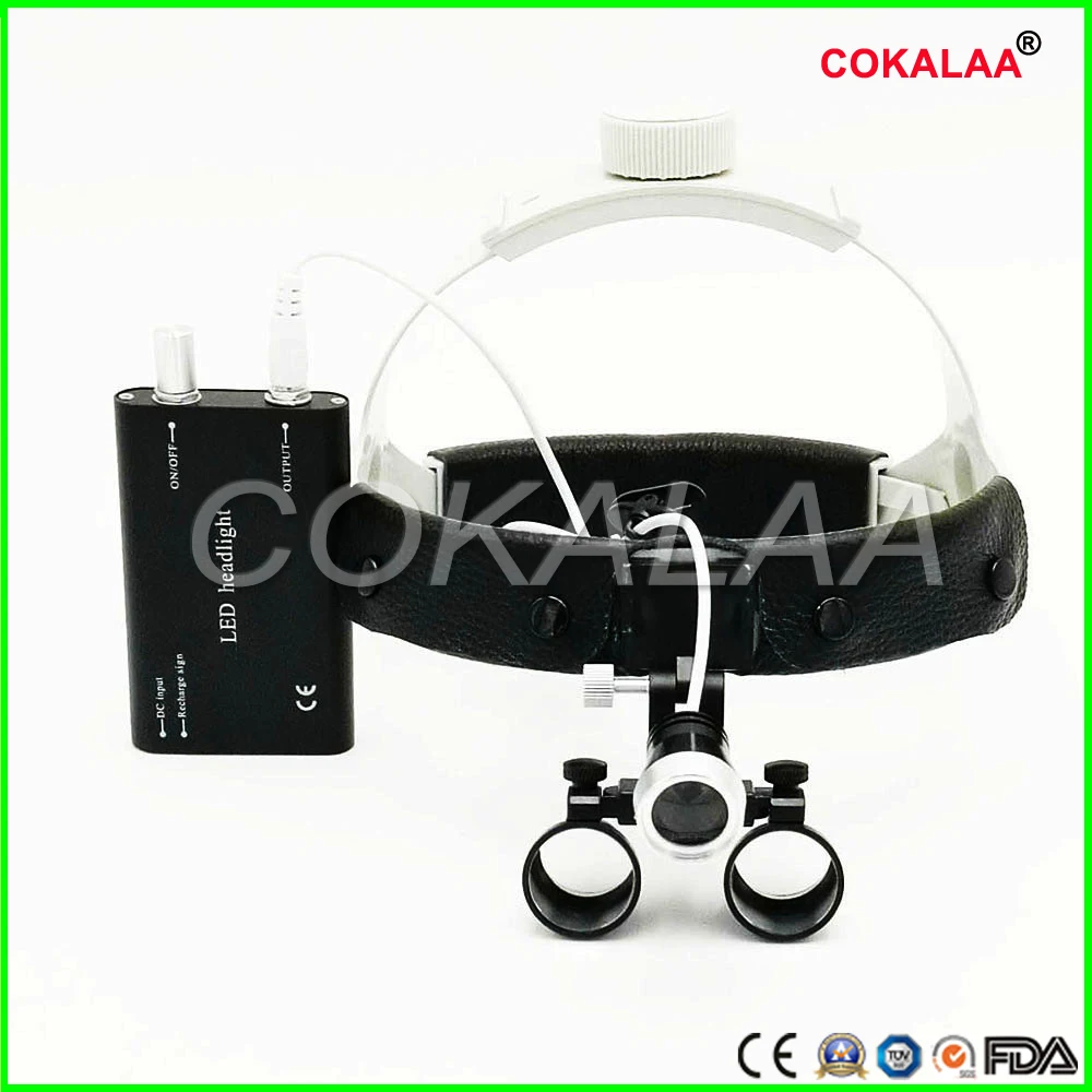 Dental Surgical Binocular 2.5 X 420mm Leather Headwear Loupe and LED Headlight