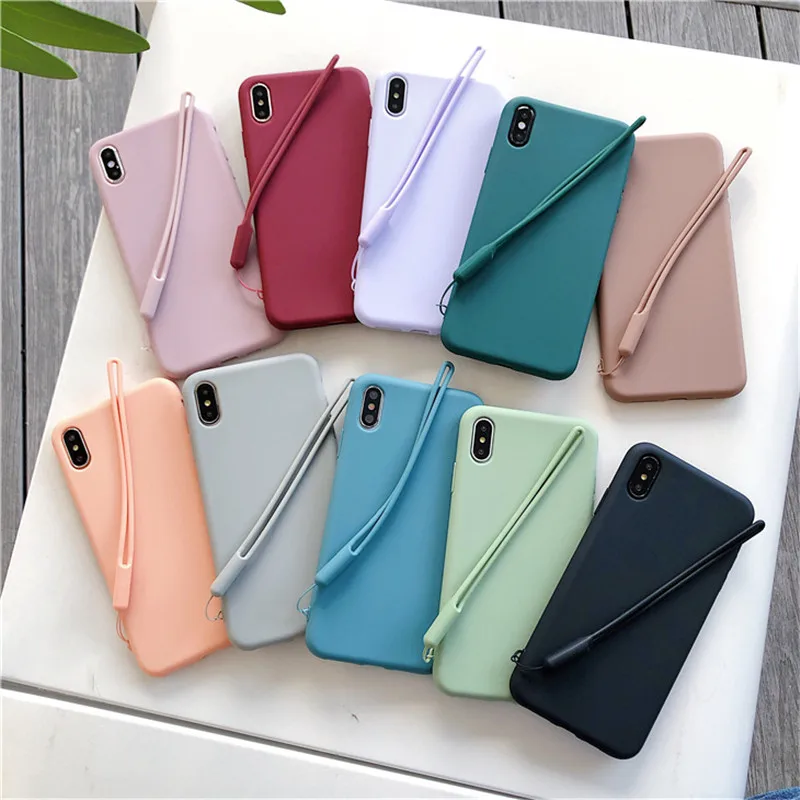 

Scrub Cute Light Solid Color Cover Phone Case For iPhone X XS XR XSMAX 6 6S 7 8 Plus Soft TPU With Candy Color Lanyard Back Capa
