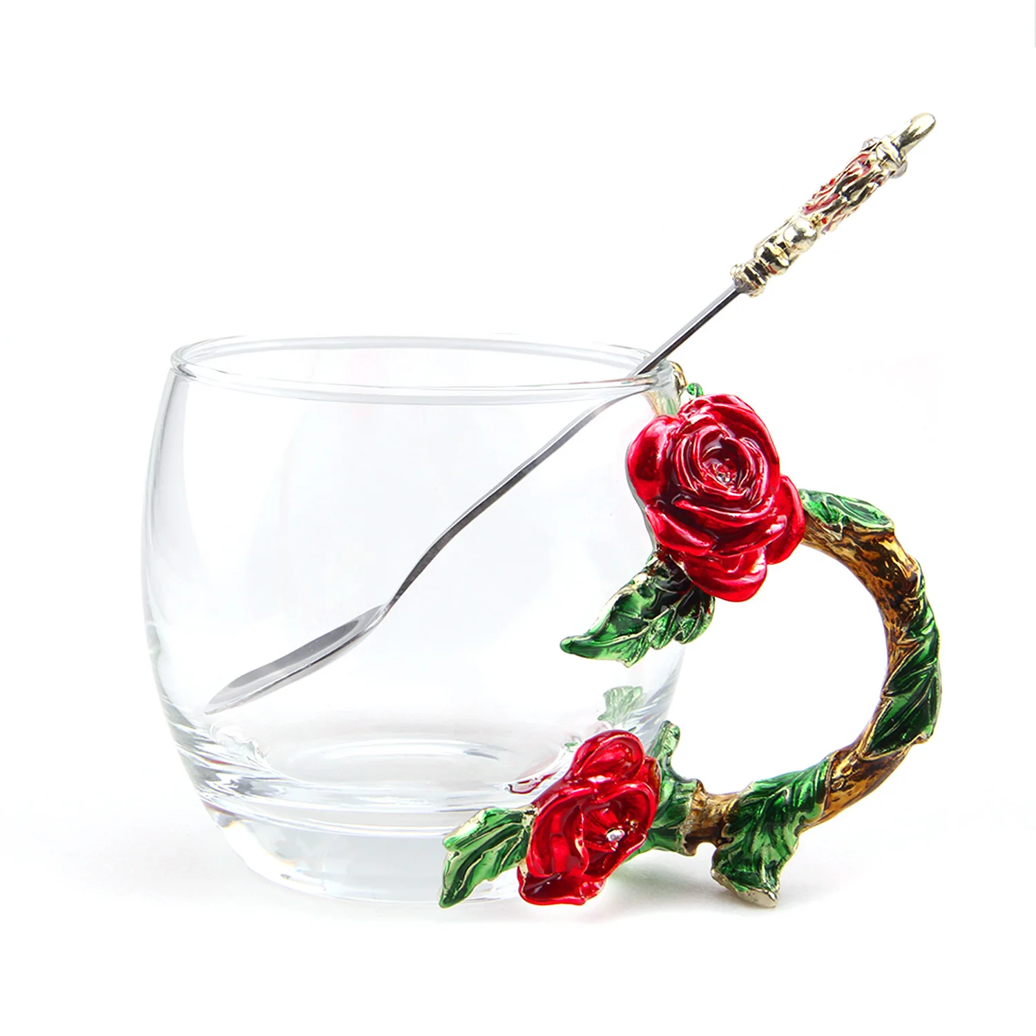 Behogar стильная 3D Цветочная стеклянная чашка кофейная чайная кружка с ложкой на Рождество год День святого Валентина подарки на день рождения 320 мл - Цвет: Red