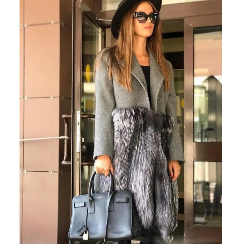 Tatyana Furclub, Настоящее натуральное пальто из меха серебристой лисы, женские зимние меховые парки, модная юбка, шерстяные пальто, тонкая длинная куртка, новая верхняя одежда