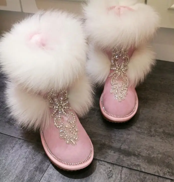 Розовые толстые негабаритных лисий мех зимние ботинки Rhinestone детей в трубке большой размер хлопчатобумажная обувь ручной работы женские кружева дрель