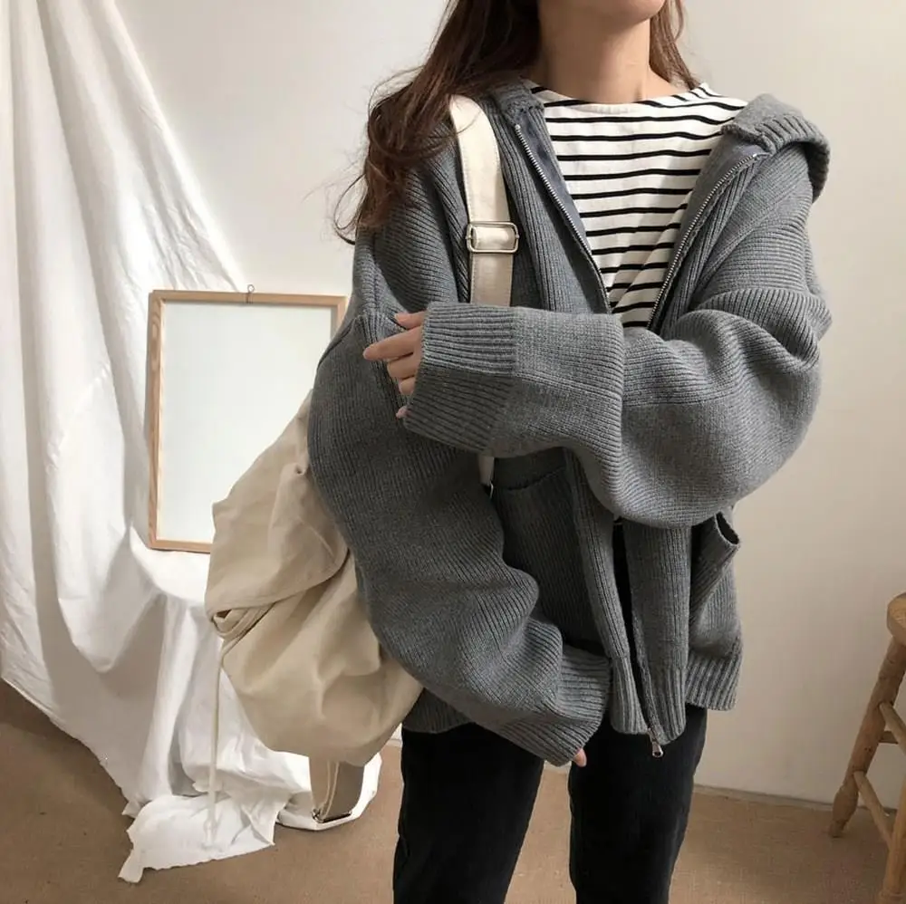 Women Autumn Winter Casual Zipper Hooded Cardigans Plus Size Solid Knitted Coat Loose Pockets Thick Sweater
