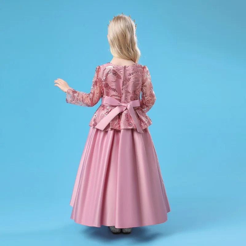 Girls Dress Satin Bowknot Printed For Flower Girl Party