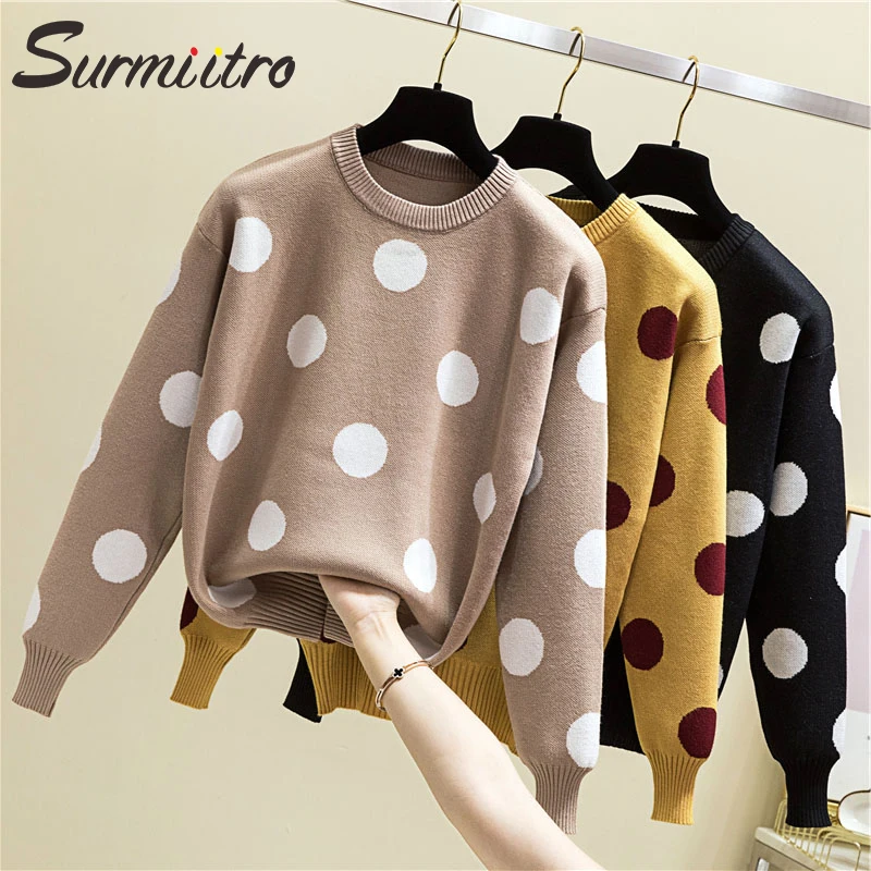 

Surmiitro Polka Dot Knitted Sweater Women For Autumn Winter 2019 Ladies Korean Long Sleeve Jumper Yellow Black Pullover Female