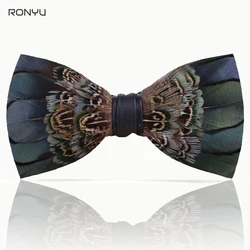 Natural Men's Feather Bow Tie Exquisite Hand Made Bowtie With Brooch Pin Set Gift Box Set For Men Wedding Party Accessories LD06