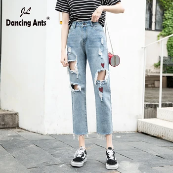 

Woman Jeans High Waist Loose Harem Pants Trend 2020 Korean Style Printed Hole Zipper Fly Pocket Casual Female Ankle-length Pants