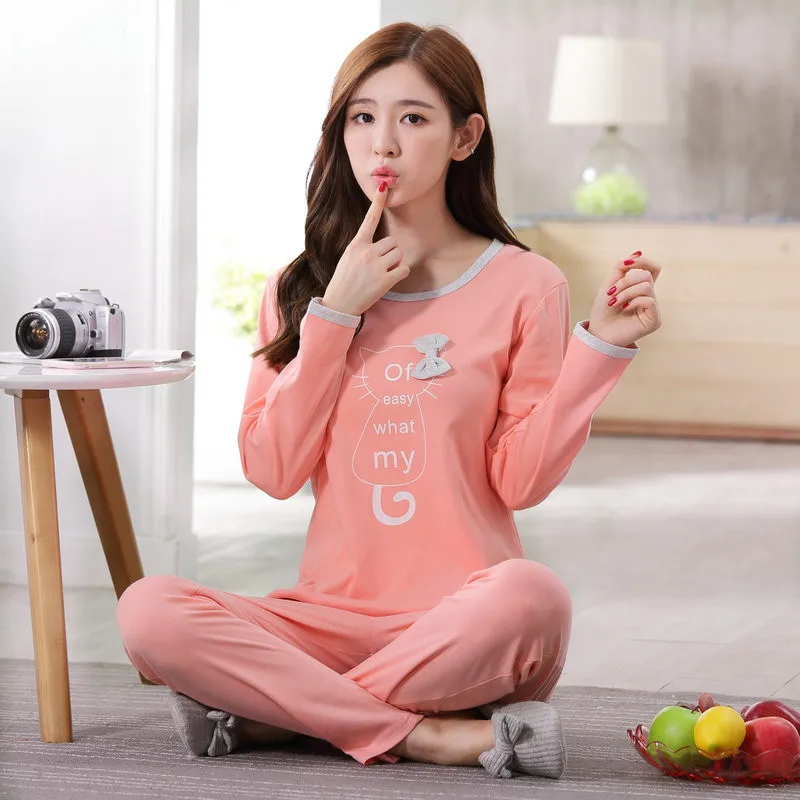 

Pajamas WOMEN'S Long Sleeve Double Knit Cotton Spring And Autumn Days Korean-style Casual Loose Autumn Homewear Set