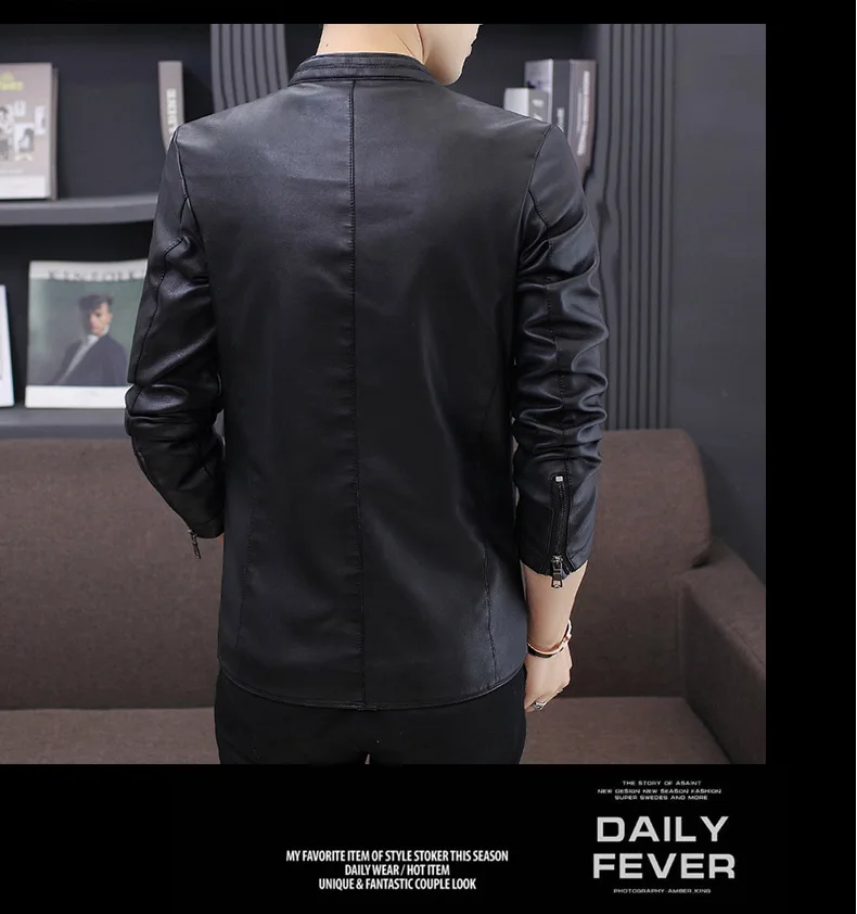 New Style MEN'S Leather Coat Korean-style Slim Fit Crew Neck PU Leather Jacket Motorcycle Jacket 918
