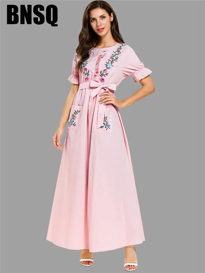 Мусульманское женское длинное платье макси, халат с вышивкой, свободное платье Абая, платье для девочек, летнее платье с рюшами, короткий рукав, круглый воротник