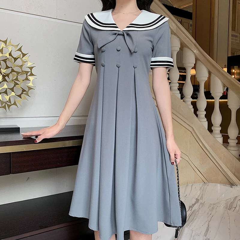 Women Casual A-Line Dress Preppy Style Solid Short Sleeve Bow Knee-Length Dress Summer Sweet Sailor Collar Empire Gray Dress