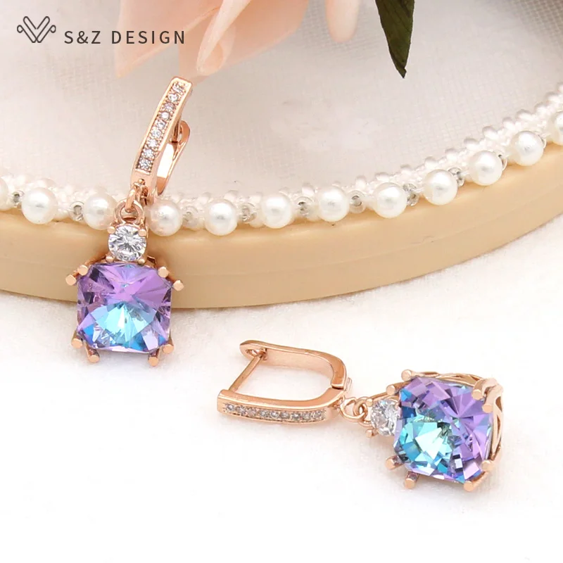 S&Z DESIGN Fashion Elegant Square Crystal Dangle Earrings For Women 585 Rose Gold Color Cubic Zirconia Jewelry Fine Eardrop