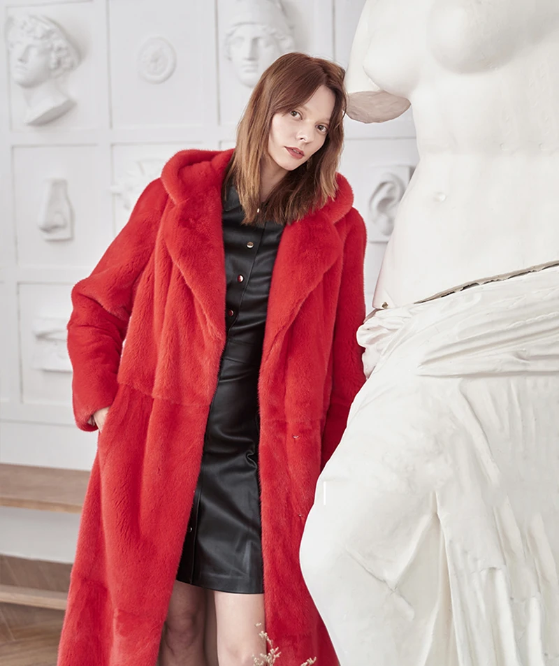 Ftangaiur2019 Winter Import Velvet Mink Fur Coat With Fur Hood Pure Red Color Mink Coats Women's Medium Loss Real Mink Fur Coats