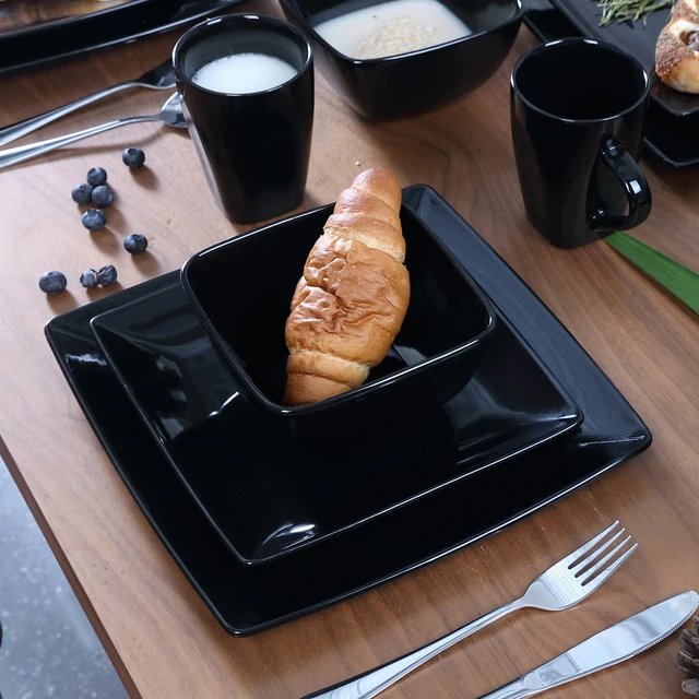 Vancasso Soho 16/32/48 Darab Fekete Kerámia Porcelán Négyzet Alakú Étkészlet Vacsora Tányérral, Desszert Tányér, Tál, 240 Ml Bögre Szett - Image 5