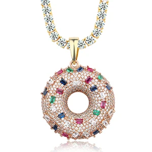 Мода Bling Iced Out CZ Пончик подвески ожерелье для женщин мужчин Хип Хоп ожерелье Золото с веревкой кубинская теннисная цепочка подарочная коробка - Окраска металла: Tennis Chain