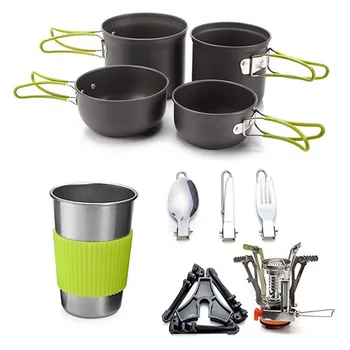 

Outdoor Hiking Camping Cookware Set 1-2 Persons Portable Cooking Tableware Picnic Set Pots Pans Bowls With Dinnerware Gas Stove