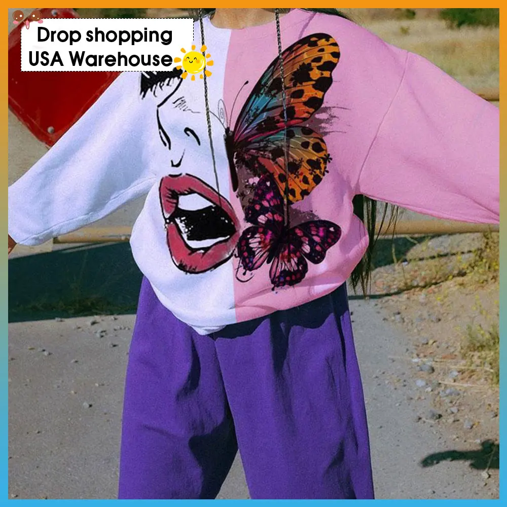 

Autumn New Women's Long-Sleeved Tie-Dye Butterfly Printed Hoodie Sweatshirts Casual Tops O-neck Sweatshirt Female Outwear