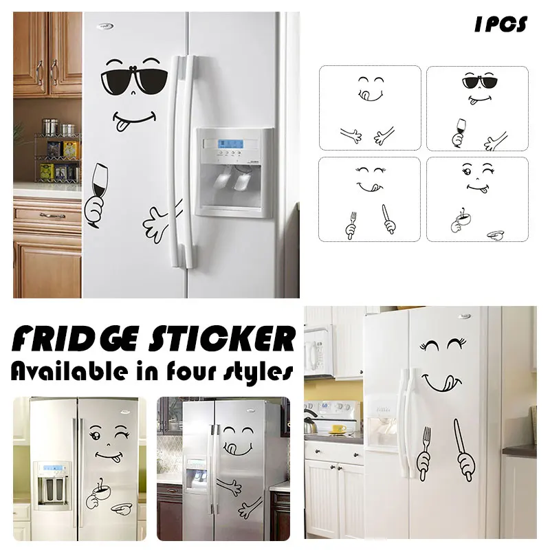

Fridge Sticker Black Happy Delicious Face Cartoon Wall Sticker Refrigerator Sticker PVC Window Removable Diy Tiles Home Decor